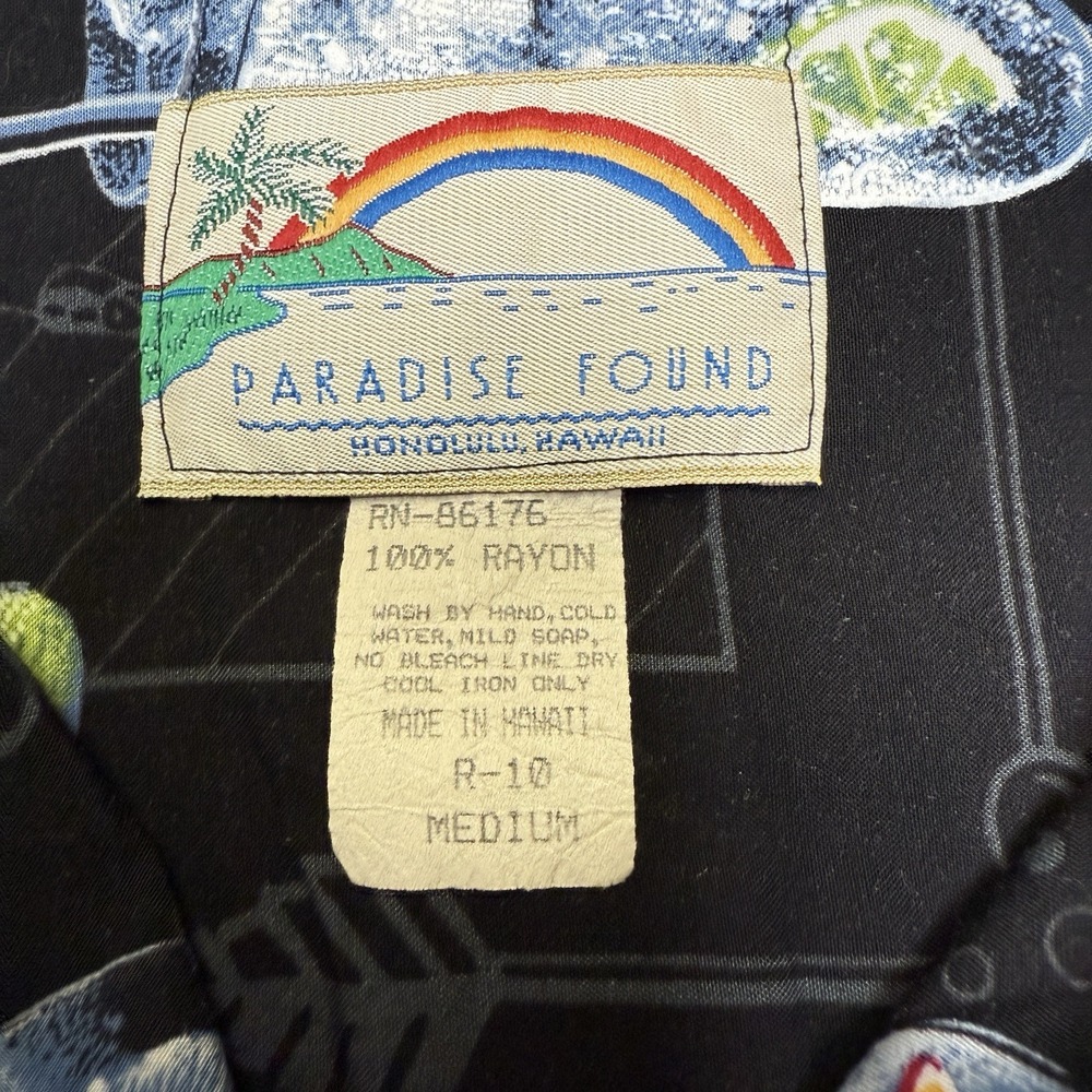 VTG Paradise Found Hawaiian Shirt Adult M Black Button Up Mens Camp Cocktails - Picture 3 of 6